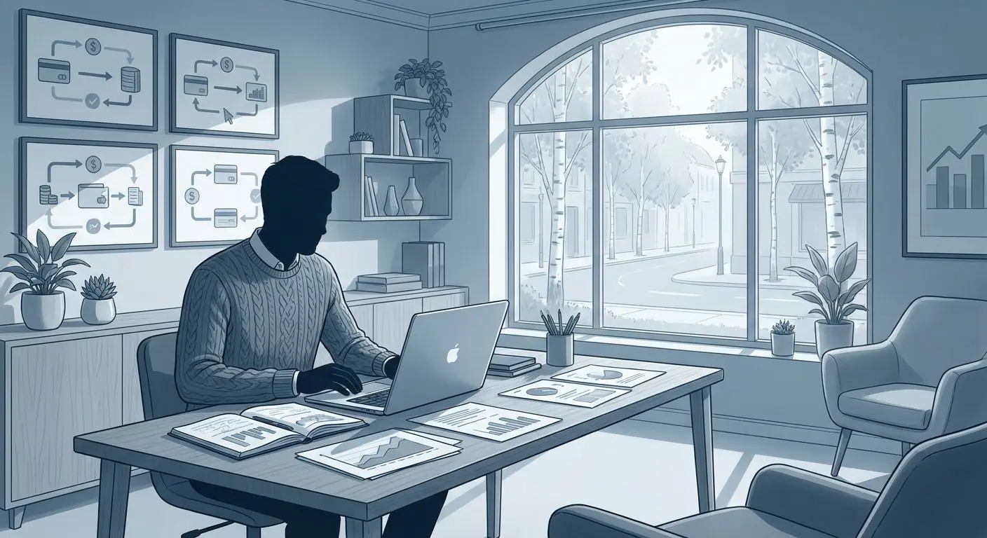 Författarprofil och analysarbete Illustration av analytiker och skribent vid skrivbord