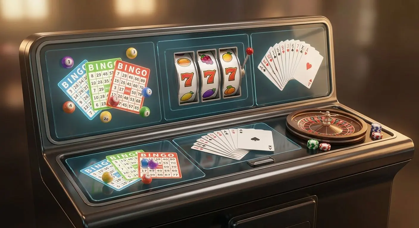 Illustration av bingospel, slots och bordsspel i samma spelutbud