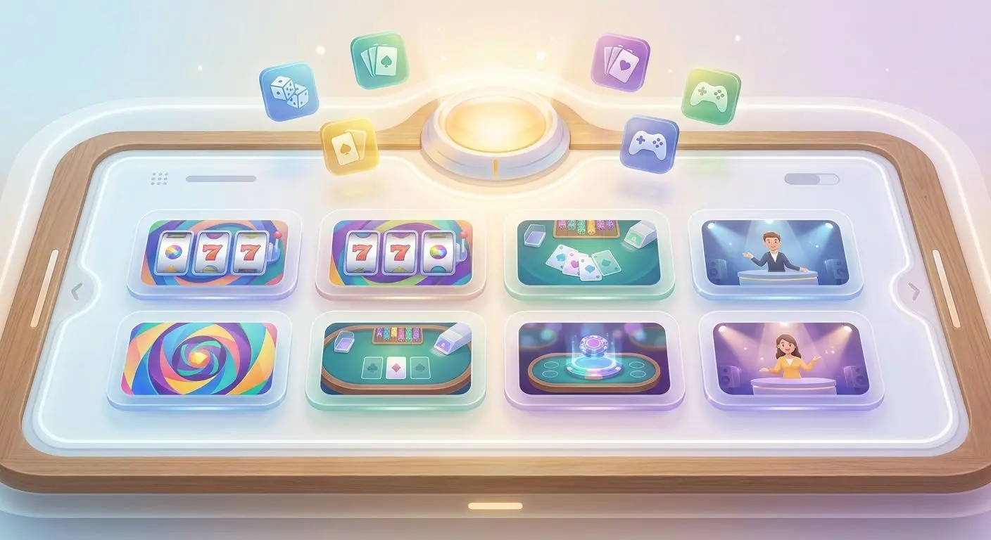 Spelutbud och slots pÄ PlayOJO Illustration av varierat spelutbud med slots och bordsspel hos PlayOJO