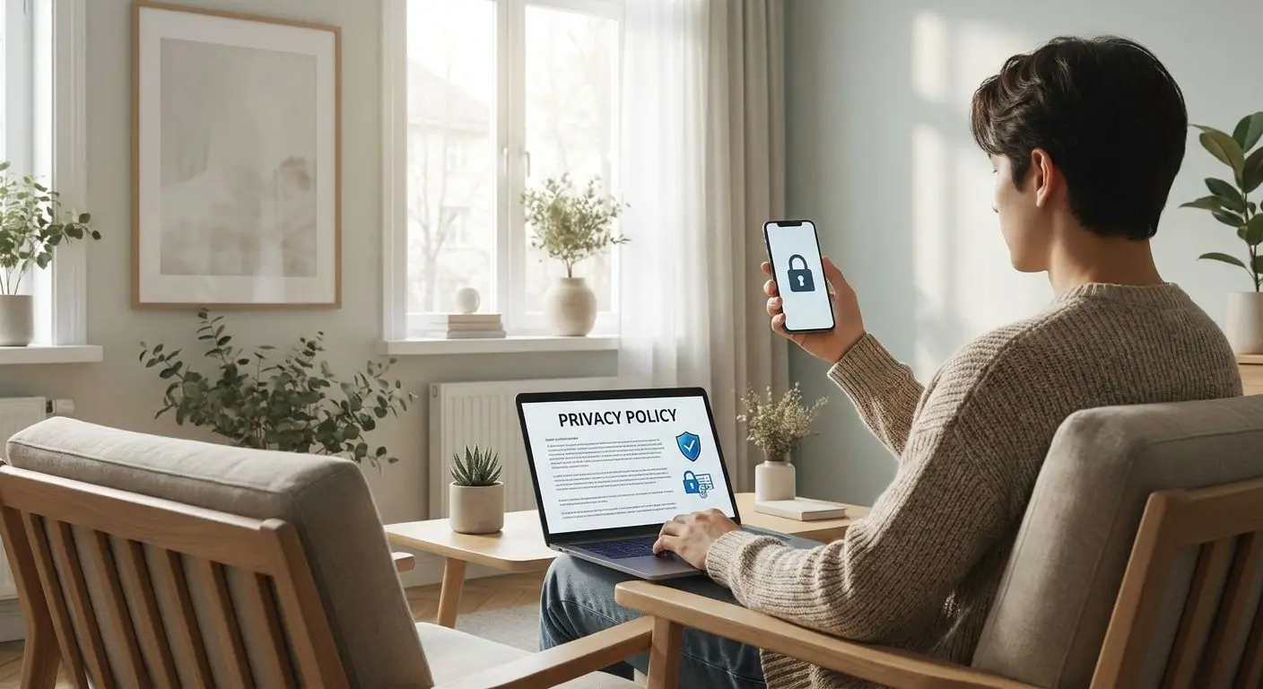 Spelare läser integritetspolicy på laptop och mobil