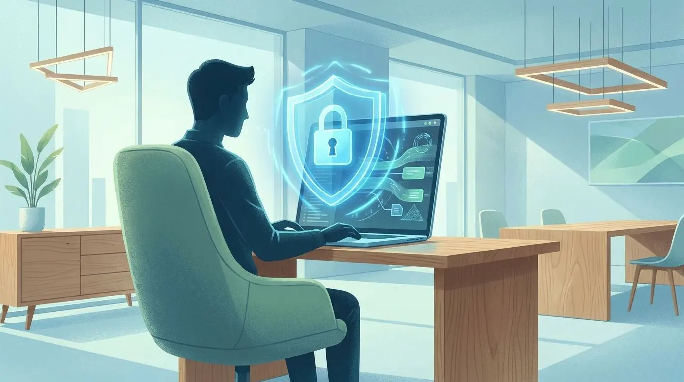 Illustration av dataskydd med person vid dator, sköld och lås