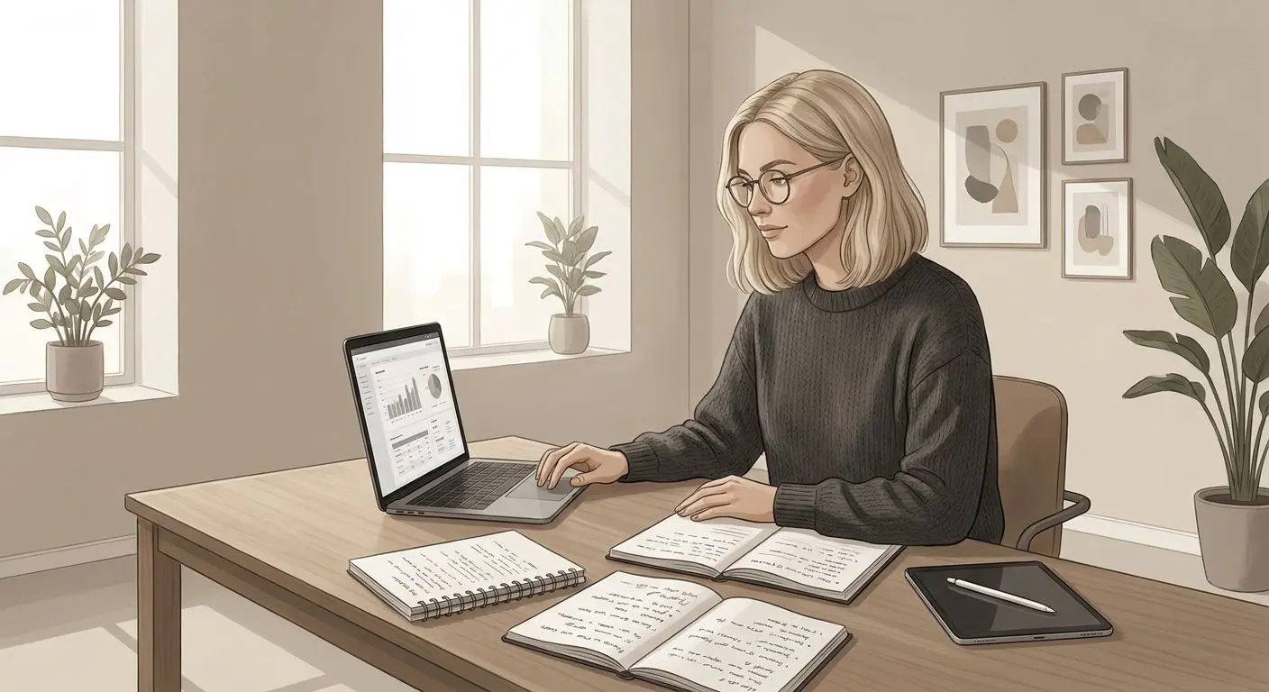 Författarillustration Illustration av skribent och analytiker i modern arbetsmiljö