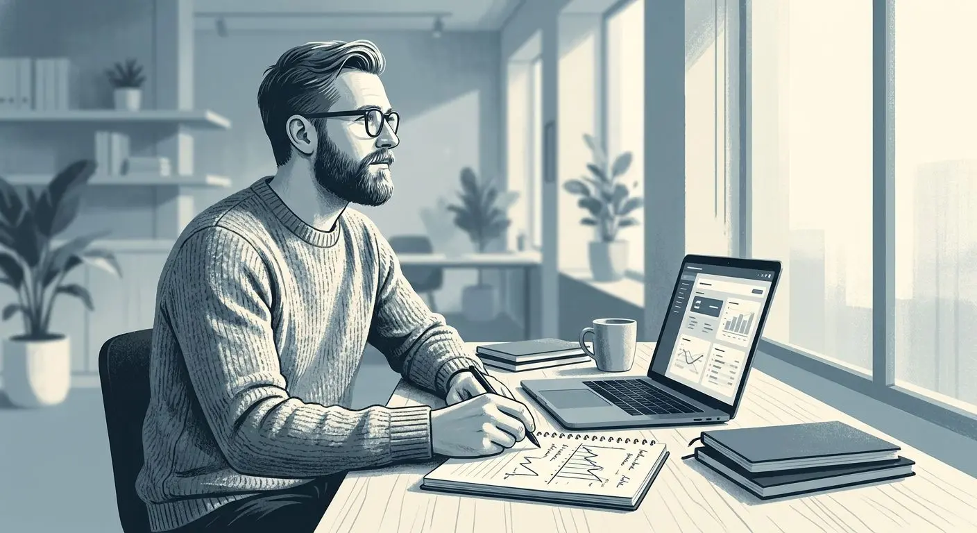 Illustration av en skribent i arbetsmiljö vid skrivbord