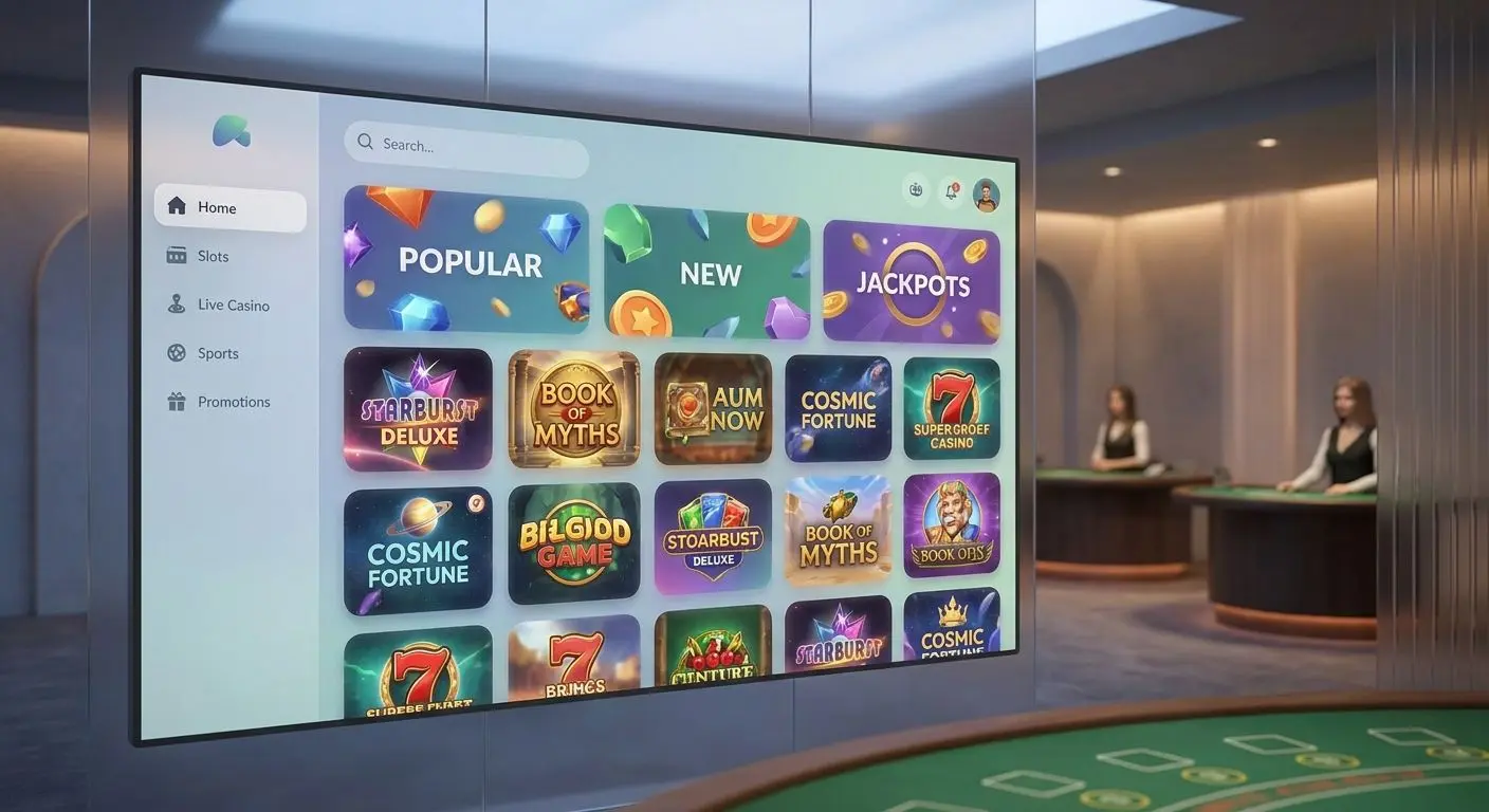 Spellobby hos PlayOJO-stil Ăversiktsbild av fĂ€rgglad spellobby med menyer och spelkategorier
