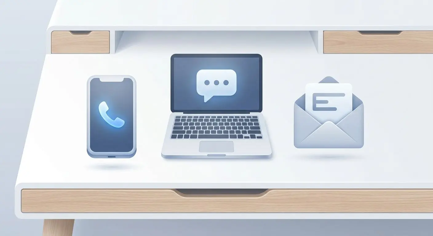 Illustration av telefon, livechatt och e-post för support