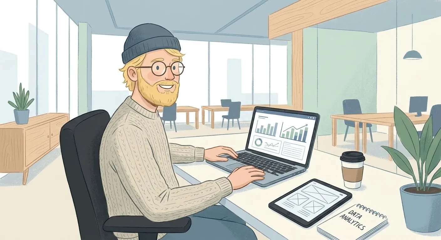 Författarillustration för analys av mobilcasino Illustrerad iGaming-analytiker i modern arbetsmiljö