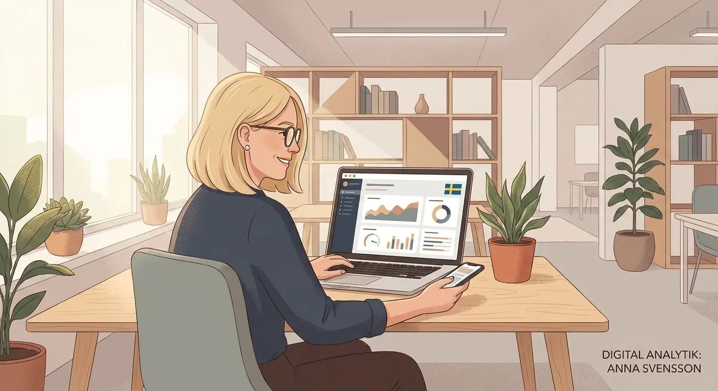 Om författaren och analysen Illustration av svensk spelanalytiker vid dator och mobil