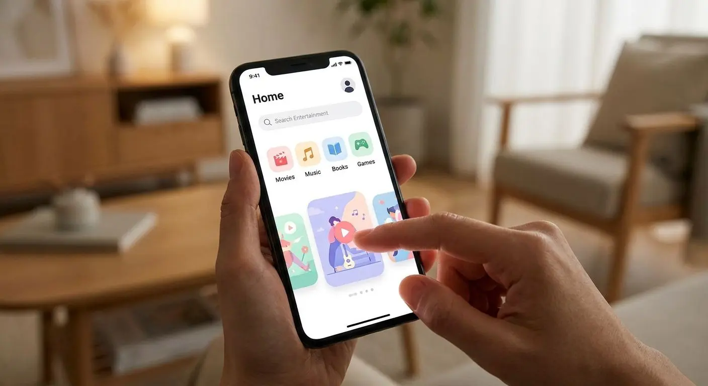 Mobil funktionalitet och navigation AnvÀndare navigerar i mobilgrÀnssnitt med menyer och sökfÀlt