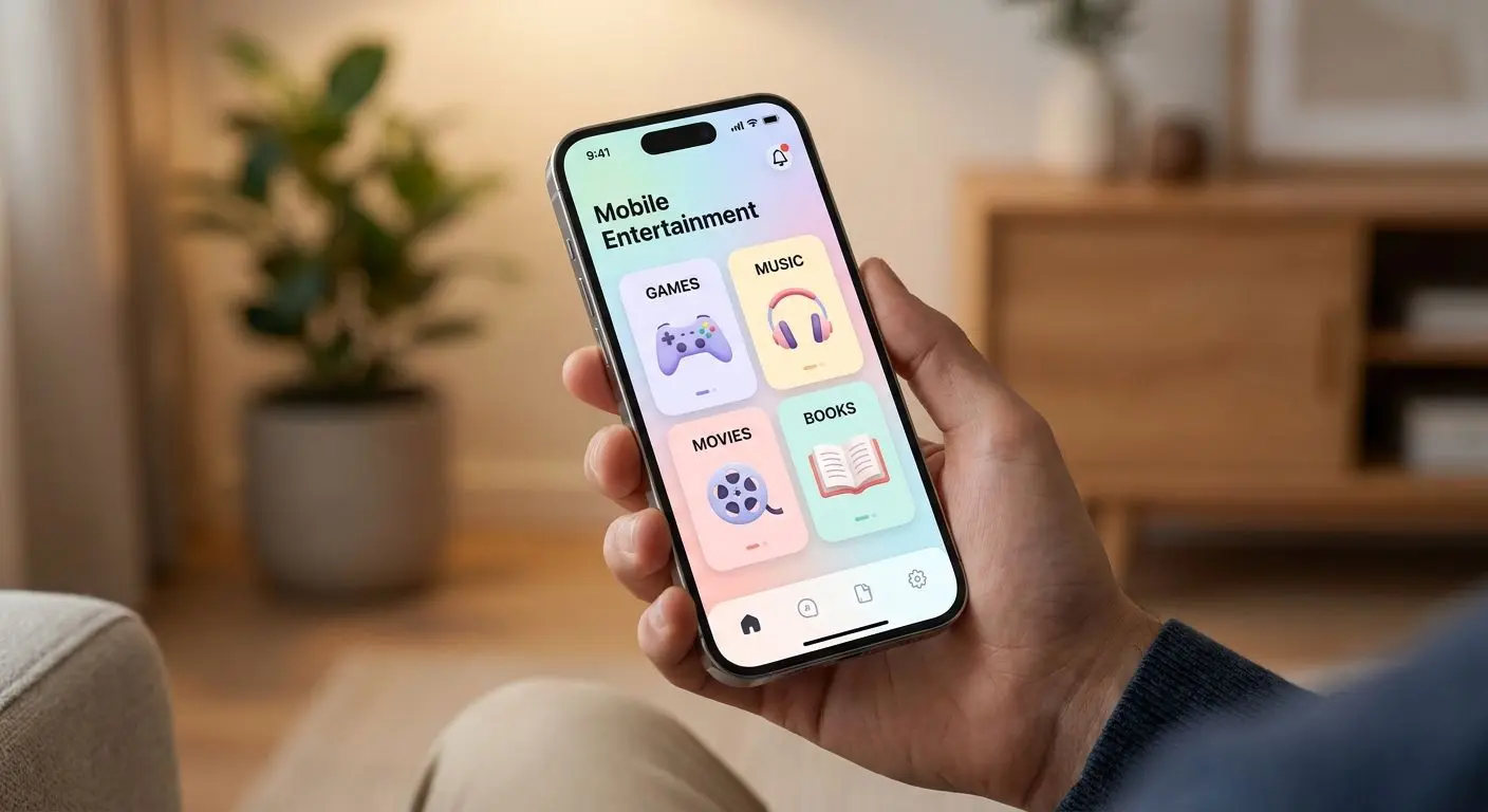 Ăversikt av PlayOJO i mobilen Hand som hĂ„ller mobil med lobbyvy i PlayOJO-liknande stil