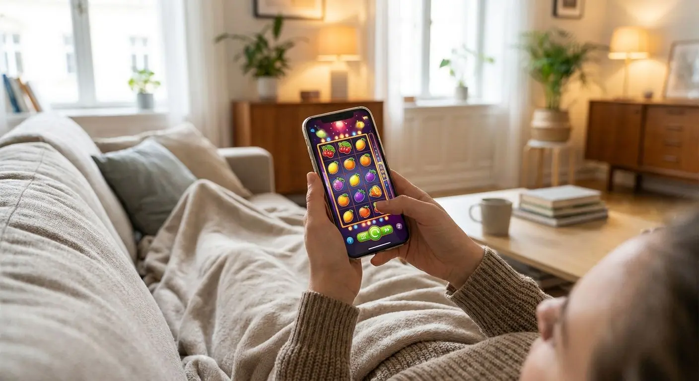 MobilvÀnlig spelupplevelse med slots Smartphone med slotspel pÄ skÀrmen i en avslappnad miljö