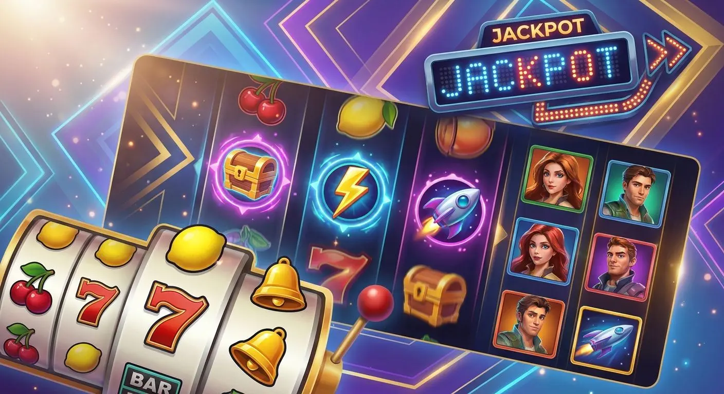 Ăversikt av olika slottyper Kollage av klassiska slots, moderna videoslots och jackpottinslag