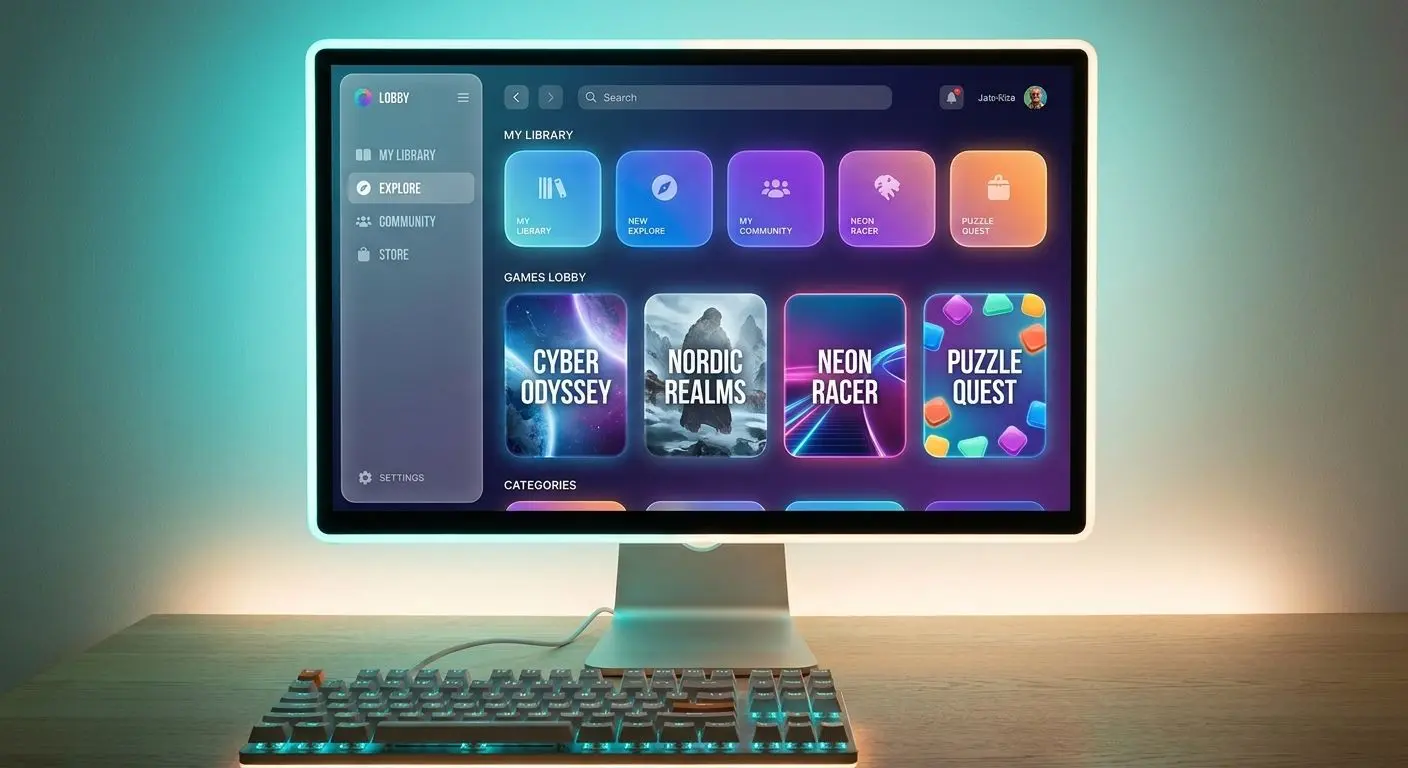 Spellobby med olika spelkategorier Ăversikt av digital spel-lobby med flera kategorier