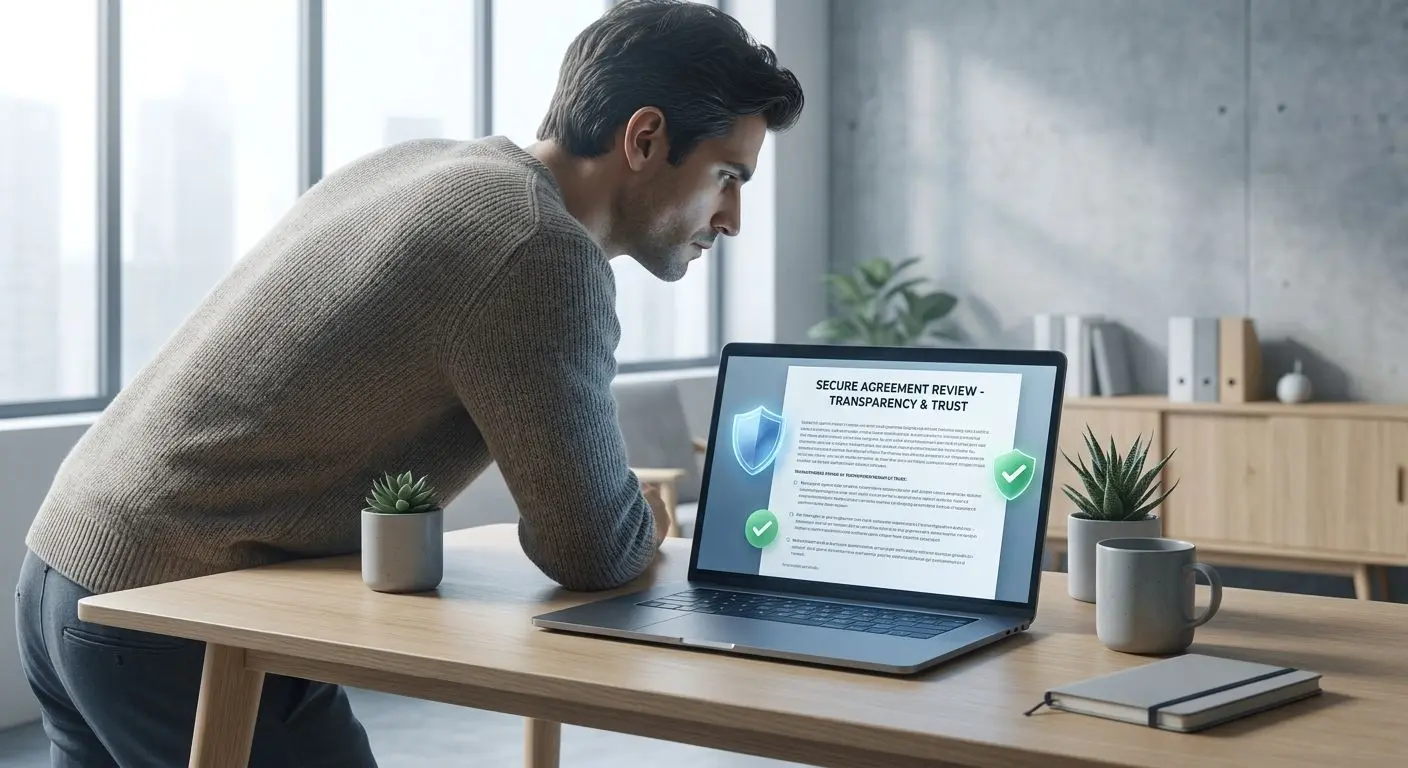 Tryggt online-avtal och tydliga villkor Person läser villkor på skärm med fokus på tryggt online-avtal